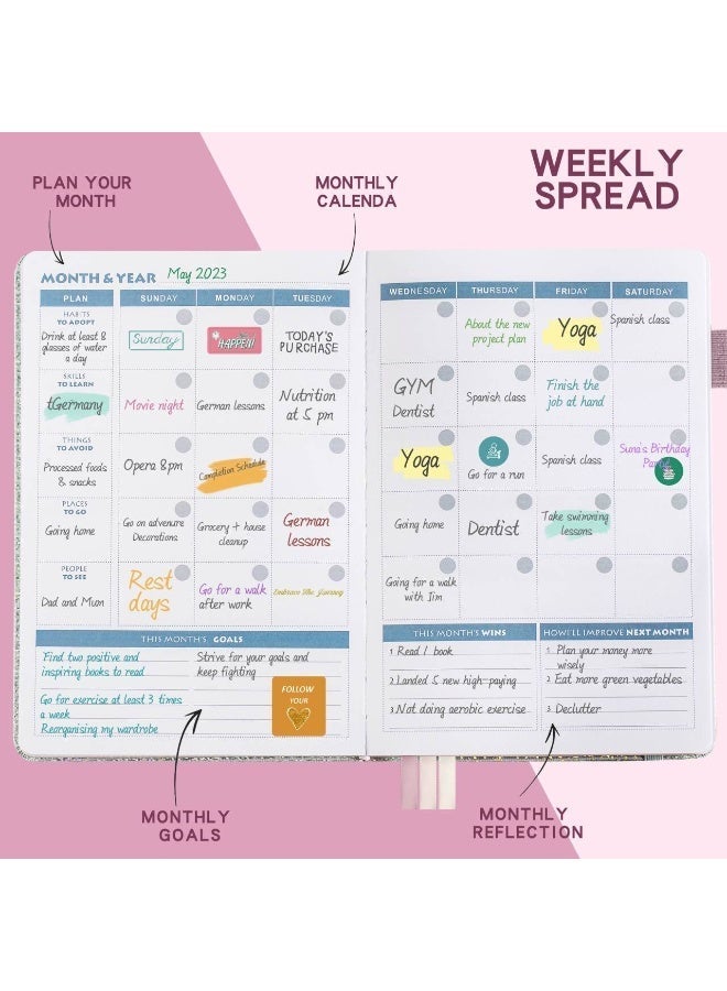 دفتر ملاحظات محمول A5 للكتابة، دفتر ملاحظات من الجلد الصناعي الفاخر للأهداف اليومية والأسبوعية والشهرية، غلاف مقوى مع ملصقات ملونة وفتحة قلم، دفتر ملاحظات سميك مبطن مع تقويم شهري مناسب للنساء والرجال والسفر والعمل والمكتب والمدرسة (أرجواني) - Image 4